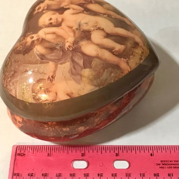 Vintage Ceramic Heart Trinket Box Jewelry Victorian Cherub Children Roses Padded - Picture 12 of 12